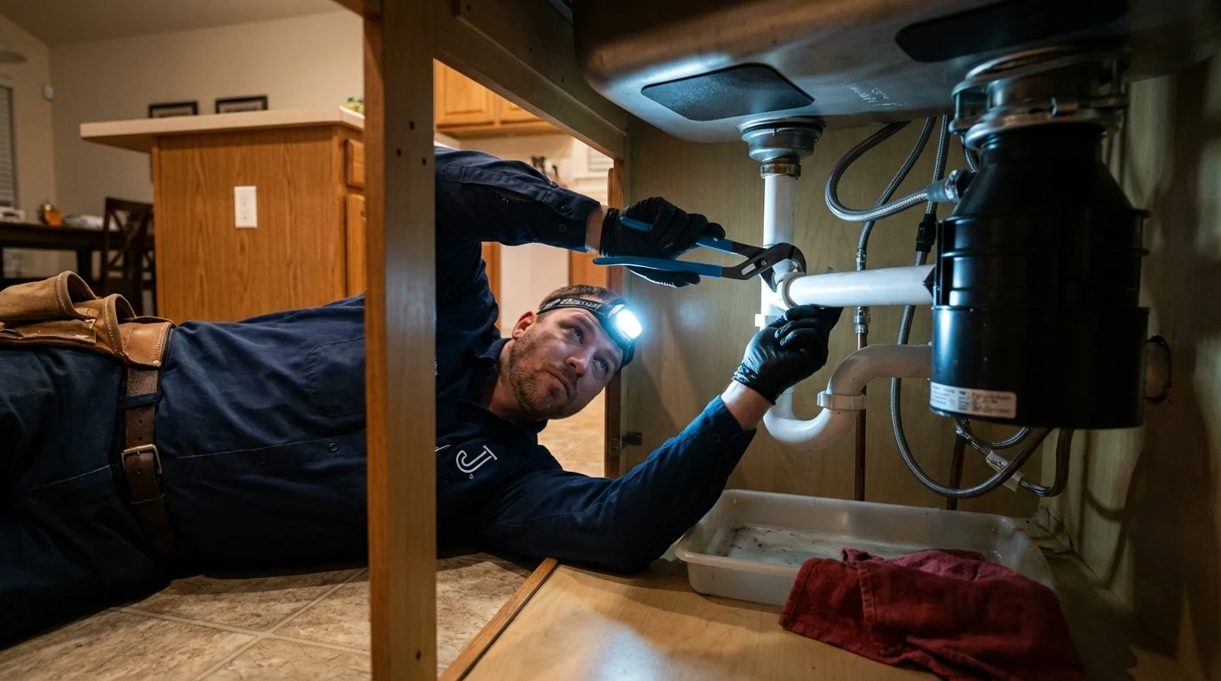 P-trap and supply line connections under a kitchen sink showing a common leak point in Murfreesboro, TN